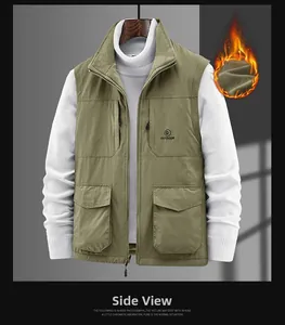 Detail of fleece lining and multi-pocket cargo style on olive green outdoor vest