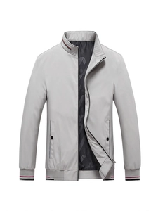 Men's light grey casual jacket with striped stand collar and zipped front closure