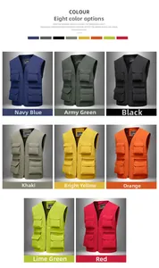 Detailed grid view showing eight color options for the multi-pocket outdoor fishing vest