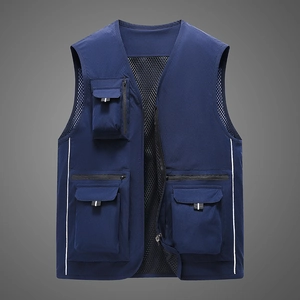 Men's navy outdoor utility vest with multi-pockets and breathable mesh lining
