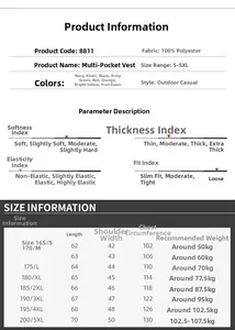 Size chart for outdoor multi-pocket fishing vest showing measurements from S to 5XL
