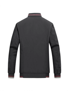 Men's black casual jacket with stand collar and red-white striped ribbing on back view