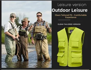 Detail of a neon green multi-pocket fishing vest featuring a V-neck and zipper design