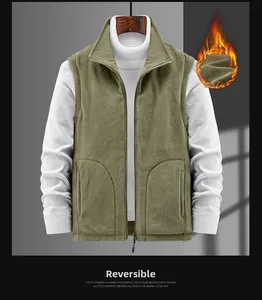 Detail of reversible fleece vest featuring a stand collar and functional pockets