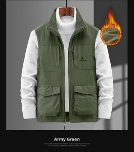 Detail showing the army green outdoor fleece vest with multi-pocket and warm lining