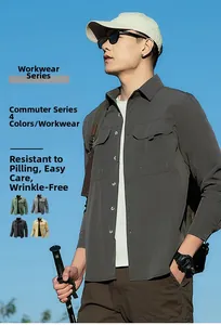 Detail shot of men's quick-dry cargo shirt featuring double chest pockets and durable fabric