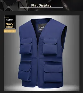 Detail view of navy blue multi-pocket outdoor fishing vest with breathable mesh lining