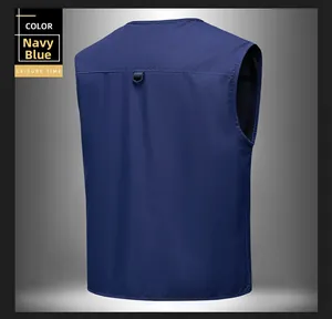 Detail of navy blue fishing vest back featuring a metal hanging loop and breathable mesh lining