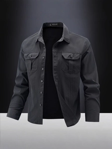 Men's dark grey outdoor casual long sleeve shirt with double chest pockets and lapel collar