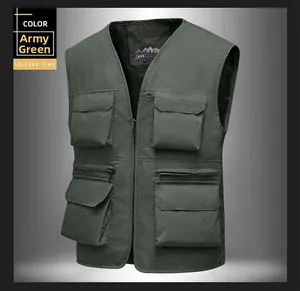 Detail view of army green multi-pocket utility vest with breathable mesh lining