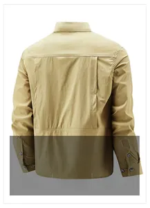 Detail view of khaki quick-dry shirt featuring a breathable mesh back vent design