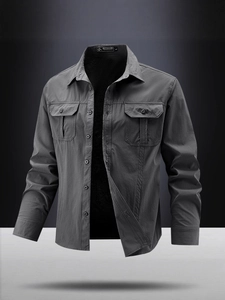 Men's dark charcoal grey long sleeve outdoor cargo shirt with functional chest pockets