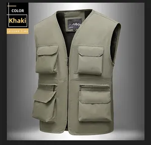 Detail of khaki outdoor fishing vest showing multi-pocket design and mesh lining