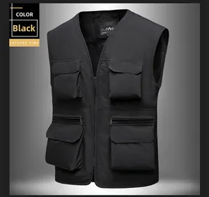 Detail view of the black multi-pocket vest showing mesh lining and zipper hardware