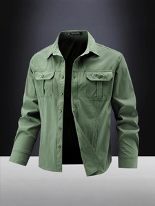 Army green long-sleeved tactical work shirt with dual chest pockets and durable fabric