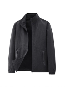 Men's black stand-collar casual jacket with windproof fabric and zip pockets for outdoor use