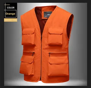 Detail view of orange fishing vest with functional multi-pockets and breathable mesh lining