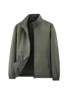 Men's olive green windbreaker jacket with stand collar and zipper pockets on white background