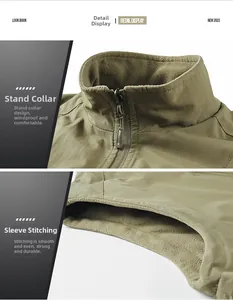 Detailansicht der Khaki-Weste mit Stehkragen, Fleece-Futter und verstärkten Nähten am Ärmel