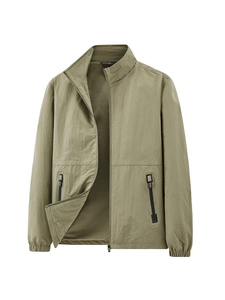 Men's lightweight olive green outdoor jacket with stand collar and zipper pockets