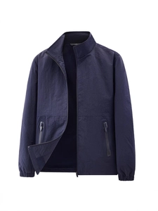 Men's navy blue lightweight stand collar windbreaker jacket with zipper pockets