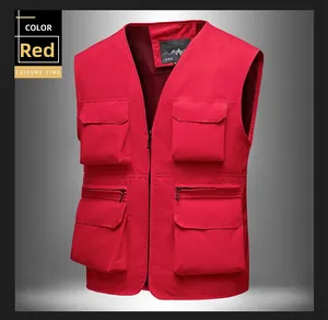 Detail of red quick-dry fishing vest showing multiple functional pockets and mesh lining