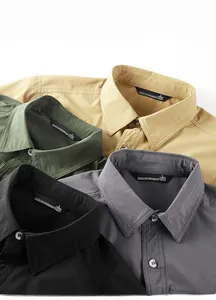 Detailed view of breathable cotton shirts necklines in khaki, green, black and gray