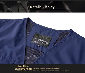Detail view of the navy blue vest collar featuring breathable mesh and durable stitching