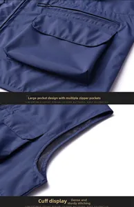 Macro shot of waterproof ripstop fabric and reinforced stitching on blue fishing vest
