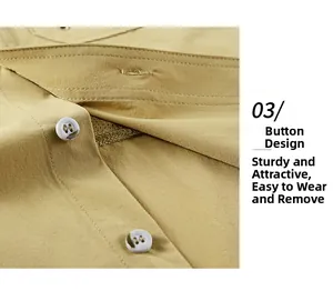 Detail of marble pattern four-hole button and durable stitching on khaki casual shirt