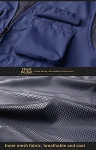 Detail of outdoor vest showing pen pocket and breathable black mesh lining fabric