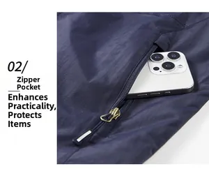 Detail showing deep blue waterproof vest with zipper pocket and a smartphone inside