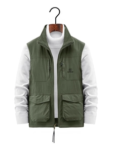 Army green outdoor fleece vest with four pockets and stand collar for men