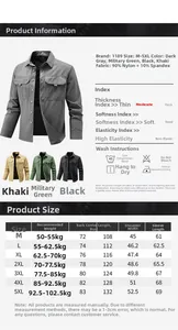 Detailed size chart and material specs for men's outdoor casual long sleeve cargo shirt