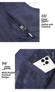 Detail of the multi-pocket fishing vest showing a chest zipper and mesh inner pocket