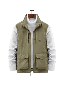 Men's olive green fleece-lined outdoor vest with durable zippers and large pockets