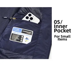 Detail of outdoor vest mesh lining with functional inner pocket and outdoor spec labels