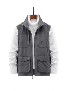 Men's outdoor grey fleece lined vest with multi-pocket design and standing collar