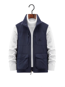 Men's navy blue outdoor fleece vest with multi-pocket design and standing collar style