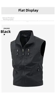 Detail of black outdoor vest featuring multi-pocket design and quick-dry tactical fabric