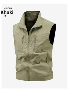 Detail view of khaki lightweight outdoor gilet featuring stand collar and zipper pockets