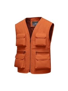 Bright orange outdoor multi-pocket fishing vest with breathable mesh lining for hiking