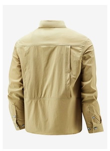 Detail view of khaki quick-dry shirt back with breathable ventilation pleats