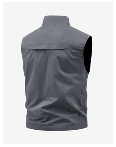 Detail view of the breathable back flap and quick-dry fabric on grey outdoor vest