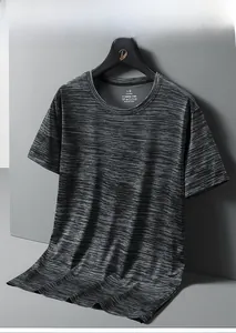 Detailed view of dark grey ice silk t-shirt with heat-press neck label showing size L