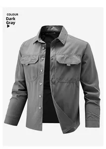 Detail of dark grey men's outdoor shirt showing chest flap pockets and mesh lining