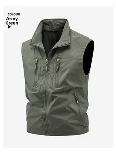 Detail view of military green utility vest with multi-pocket design and stand collar