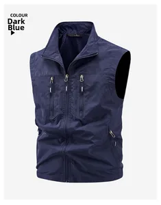 Detail of dark blue quick-dry vest showing multi-pocket design and breathable mesh lining