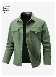 Detail of army green tactical shirt featuring breathable mesh lining and durable fabric
