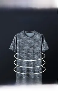 Close-up of heather grey athletic T-shirt fabric showing breathable knit texture and crew neck
